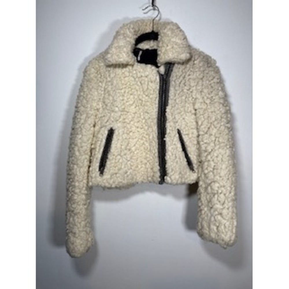 Free People Shaggy Faux Sherpa Moto Cream Jacket Coat Size XS Boho Apres Ski - Picture 3 of 9
